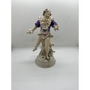 Vintage Porcelain Victorian Style Dancing Lady Figurine Ruffle Gold Trim‎ Dress